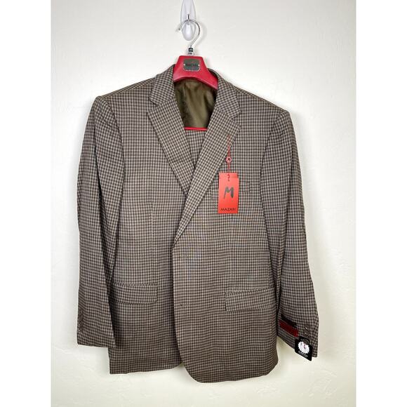MAZARI Men's Taupe 3PC Modern Fit Gingham Check Paris Vested Suit 50R Pants 44 W - Picture 1 of 9